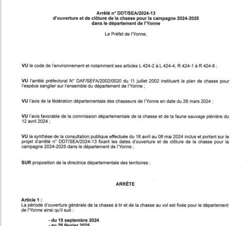 Arrêté Préfectoral Ouverture/Fermeture Chasse 2024/2025