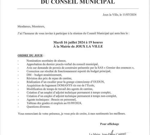 Ordre du Jour du Conseil Municipal du 16 juillet 2024