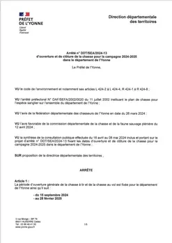 Arrêté Préfectoral Ouverture/Fermeture Chasse 2024/2025